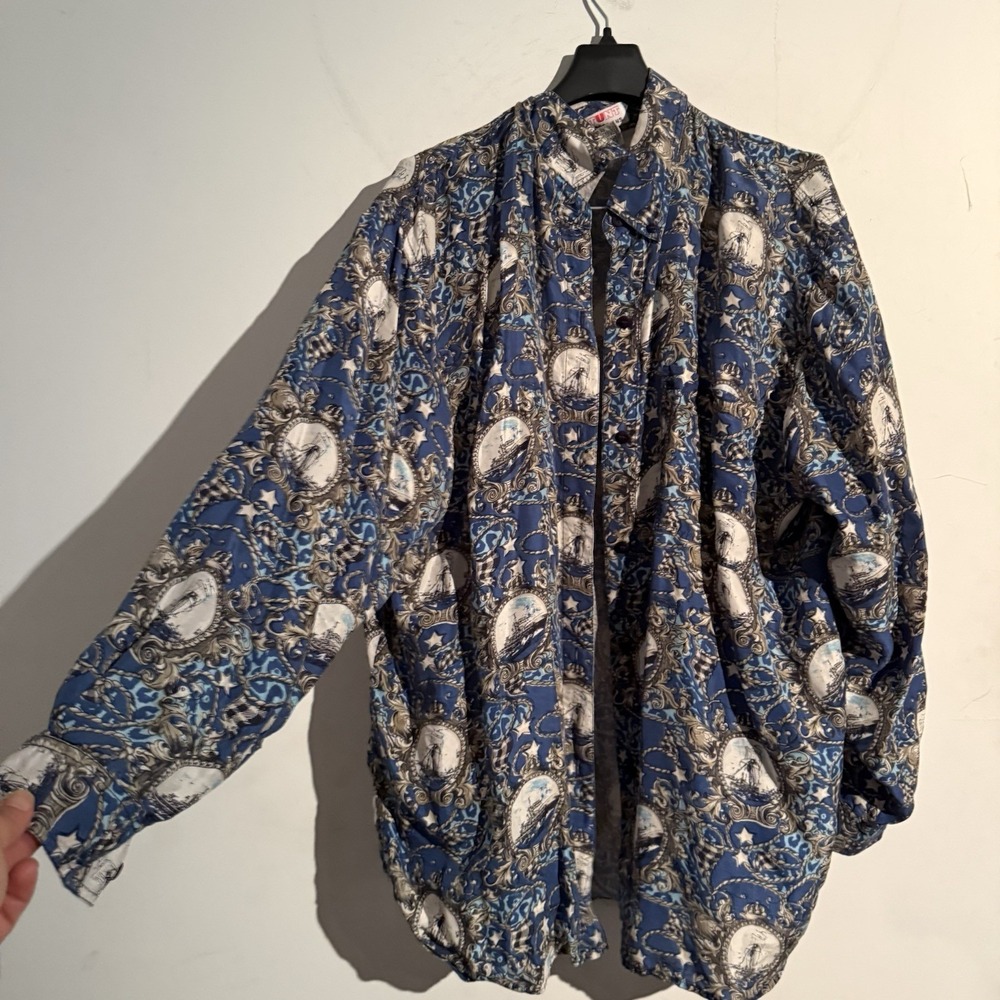 Stunt collections large silk top button down vintage nautical ship Coastal Artsy